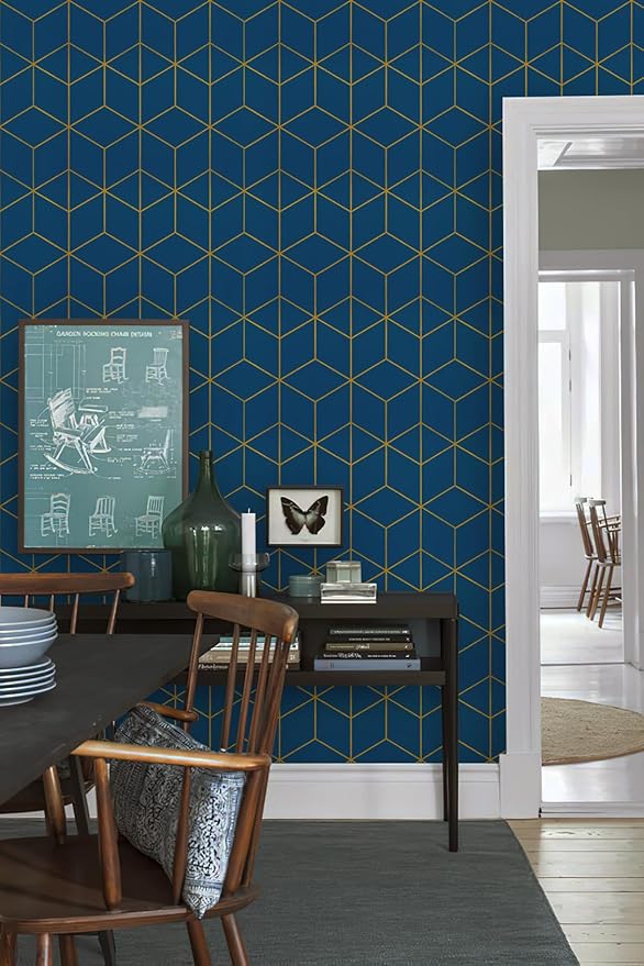 Safiyya Peel and Stick Wallpaper Gold and Blue Wallpaper Modern Geometric Contact Paper Waterproof Self Adhesive Wall Paper for Bedroom Bathroom Vinyl Roll 393"x17.3"