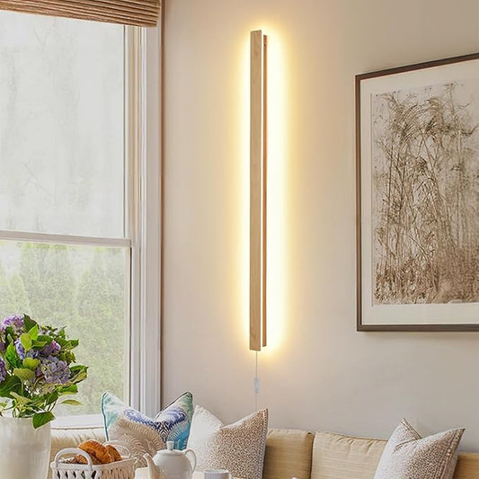 Modern Plug in Long Wall Sconce, 39.3" Faux Wood Texture Finish LED Wall Lights, 20W Warm White 3000K Acrylic Indoor Wall lamp, with 59" Plug Cable for Bedroom, Living Room, Hallway