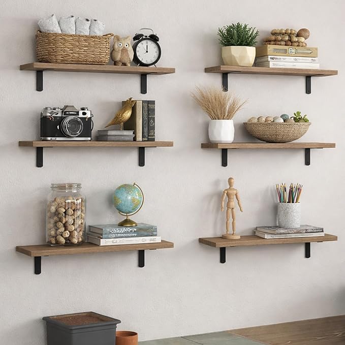 Floating Shelves Set of 6, Wooden Floating Shelves for Wall Decor, Farmhouse Shelf for Bedroom, Wall Mounted Bathroom Storage Shelves, Floating Book Shelves for Living Room