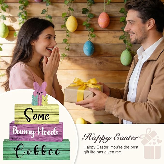 4 Pcs Easter Decorations for Home Easter Tier Tray Decor Bunny Coffee Sign Coffee Bar Station Decor Rustic Farmhouse Decorations for Home Kitchen Office Shelf Tabletop Centerpieces