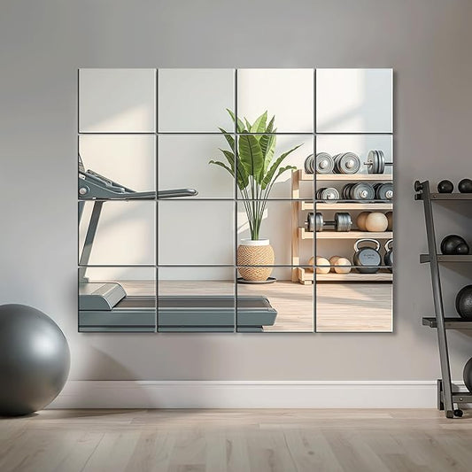 Delma Frameless Mirror Tiles 12"x10"x16 Pcs Wall Mounted, Shatter Resistant Full Length Tempered Glass Panels for Home Gym Bathroom Bedroom & Living Room Decor