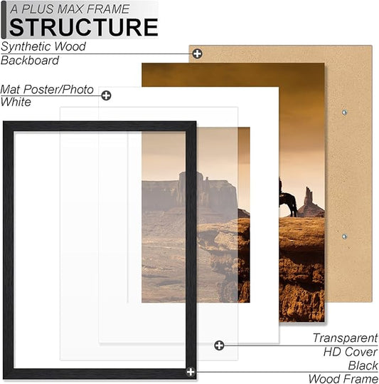 A PLUS MAX Black A4 Frame, Engineered Wood Frame Display Papaer Size A5 Picture with Mat or A4 without Mat, A4 Frame with Wood-grain for Photo 8.3 x 11.7 inch for Wall - 1 Pack