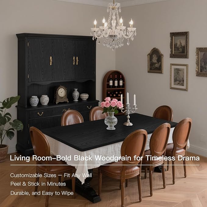 Ismoon Black Contact Paper Peel and Stick Wallpaper 17.5''x472''Wood Grain Contact Paper for Cabinets and Drawers Removable Self-Adhesive Modern Renter Friendly Wallpaper for Desk Countertops Vinyl
