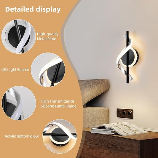 LED Wall Sconces Indoor, 12W LED Wall Mount Lights, Modern Spiral Wall Lamp, 3000K Warm White LED Light Fixture for Stairs Living Room Bedroom Aisle Hallway (Warm White, Black)