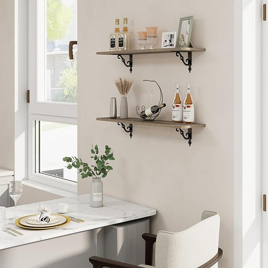 RICHFOCUS Floating Shelves for Wall Decor, 31.5W x 8D Shelves Set of 2, 8" Deep Rustic Wood Floating Shelves Wall Mounted with Metal Brackets, Shelves for Living Room Bedroom Kitchen, Grey