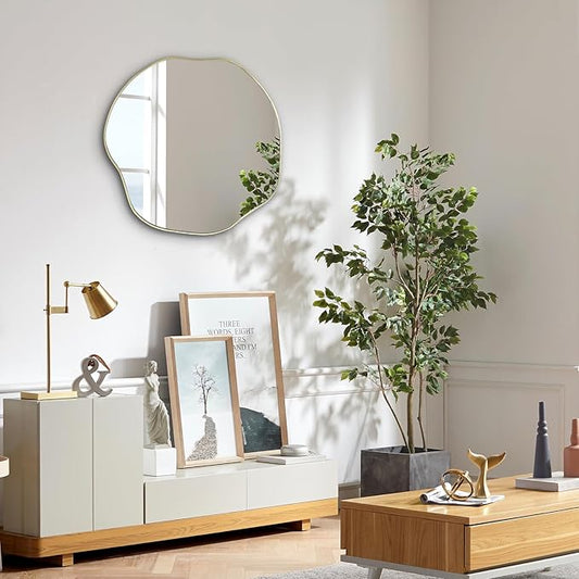POZINO Gold Irregular Mirror, 20" Asymmetrical Wall Mirror, Scalloped Rounded Mirrors, Modern Frameless Abstract Mirrors for Living Room Bedroom Bathroom Entryway Hallway Fireplace