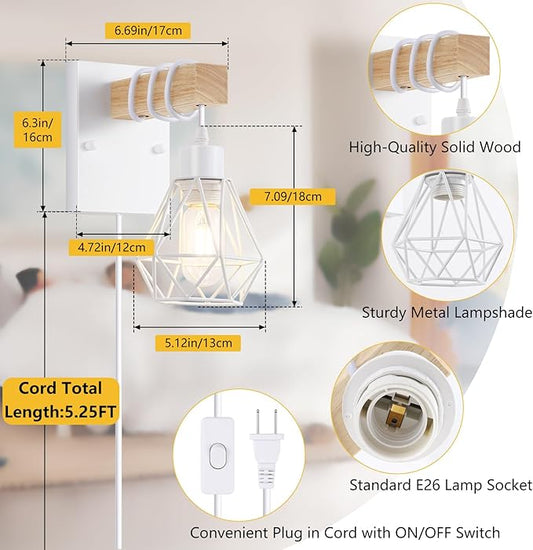 White Plug in Wall Sconces Set of Two, Modern Wall Lights with 5.25FT Plug in Cord, Wooden Bedside Wall Lamps with Metal Shade, Industrial Wall Lighting Decor for Living Room, Hallway, Stairs