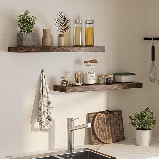 Floating Shelves for Wall, 36"W x 8"D x 1.5"H, Wooden Wall Mounted Display Shelves with Invisible Brackets for Living Room, Bedroom, Bathroom, Kitchen Decor and Storage, Set of 2, Rustic Brown