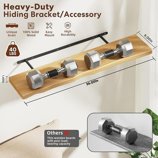 Floating Shelves for Wall Rustic Farmhouse 36 Inch Floating Shelf Bathroom Wooden Shelves for Wall Mounted Live Edge Pine Shelf with Unique Natural Grain for Living Room Bedroom Kitchen (Natural)