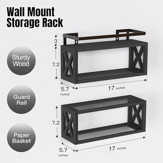RICHER HOUSE Floating Shelves with Guardrail, Rustic Wood for Wall Décor, Farmhouse Bathroom Accessories Mounted, Organizer over Toilet Storage, Kitchen, Living Room - Black