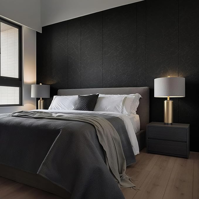 Kitico 17" x 196" Black Silk Wallpaper Peel and Stick, Embossed Textured Self Adhesive Wallpaper, Contact Paper Removable Waterproof Kitchen Vinyl Wrap Cabinet Furniture Textured Renter Friendly Wall