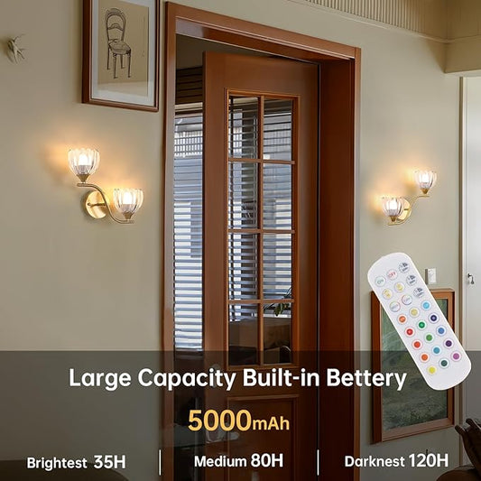 Battery Operated Wall Sconce, 2-Lights Vinatge Brass Wall Lighting with Clear Tluip Shade Rechargeable Bulb with Remote for Living Room, Bedroom,Symmetrical 2 Pack