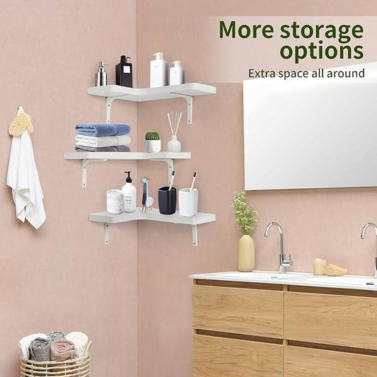 fuqing Corner Floating Shelves, Wall Shelf Set of 3, Shelves for Wall Storage, Solid Wood Shelves for Storage, Wall Mount Wooden Display Shelf for Bathroom Bedroom Kitchen Garage, White