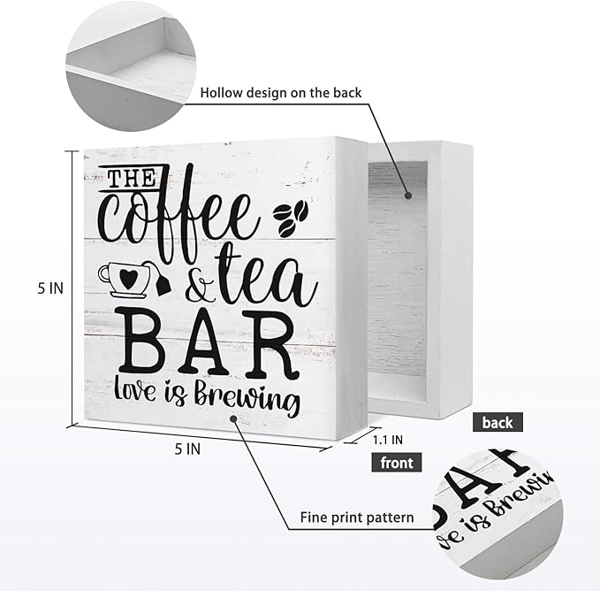 The Coffee and Tea Bar Love is Brewing Wood Box Sign Desk Decor,Rustic Wooden Block Sign Decorations for Home Kitchen Office Coffee and Tea Bar Wall Tabletop Shelf Decor