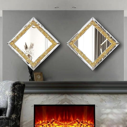 2 Piece Wall Mirrors, Crush Diamond Wall Decor, Gold Color Decorative Mirrors for Living Room, Bedroom, Bathroom. (12'x12')