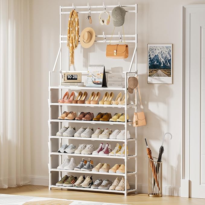 OYREL Shoe Rack 7 Tier Sturdy Shoe Racks for Closet Shoes Organizer for 28-35 Pairs Large Capacity Shoe Storage Rack with Multifunctional 5 Hooks and Side Pocket for Entrance Entryway