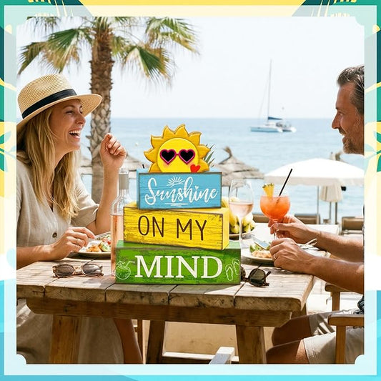 4 Pcs Summer Table Decor Wooden Sunshine Beach Tiered Tray Decor Rustic Farmhouse Sunshine Block Signs Gifts Summer Table Centerpieces for Home Kitchen Coffee Bar Shelf Office Decorations