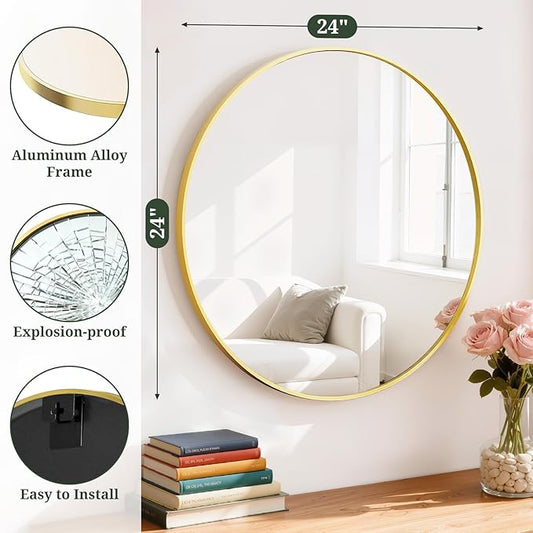 Round Wall Mirror 24 Inch Gold Vanity Mirror with Metal Frame, Modern Circle for Bathroom, Entryway, Bedroom, Living Room, Wall Mounted Decorative Mirrors