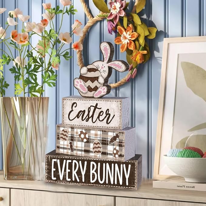 DIYDEC 4Pcs Easter Tabletop Decorations Rabbit Wooden Block Signs Bunny Tiered Tray Decor Happy Easter Centerpiece Farmhouse Wood Bunny Table Sign for Kitchen Home Office Party Decor