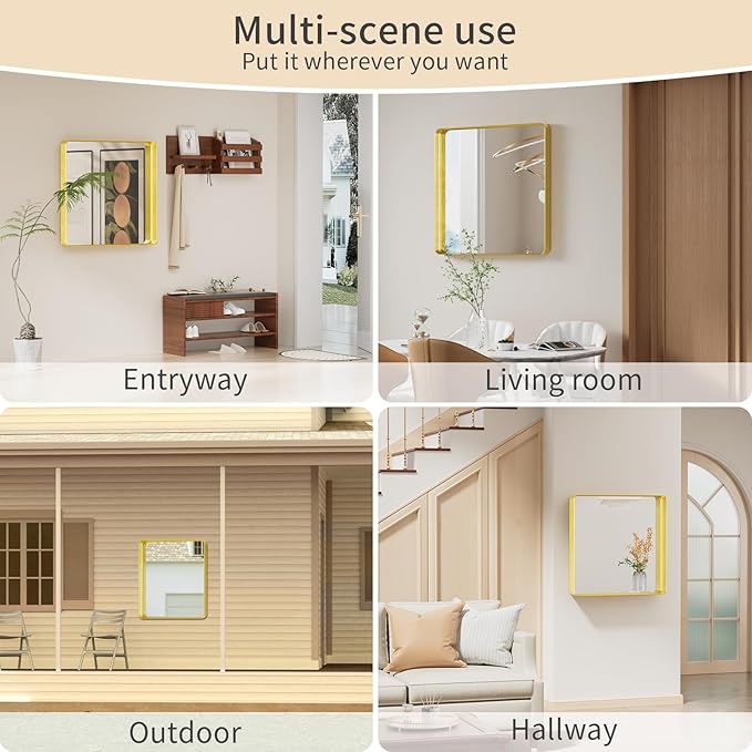 Koonmi Gold Wall Mirror for Bathroom, 29x29 Inch Matte Deep Framed Rounded Rectangle Vanity Mirror for Farmhouse Living Room, Tempered Glass, Anti-Rust, Vertically or Horizontally