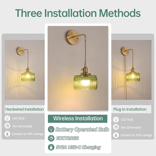 Battery Operated Wall Sconce with Green Striped Shade Pattern Glass Adjustable Chain Retro Gold Wall Mounted Light, Modern Wall Decor for Bedside Bedroom Indoor Doorway, Set of 2