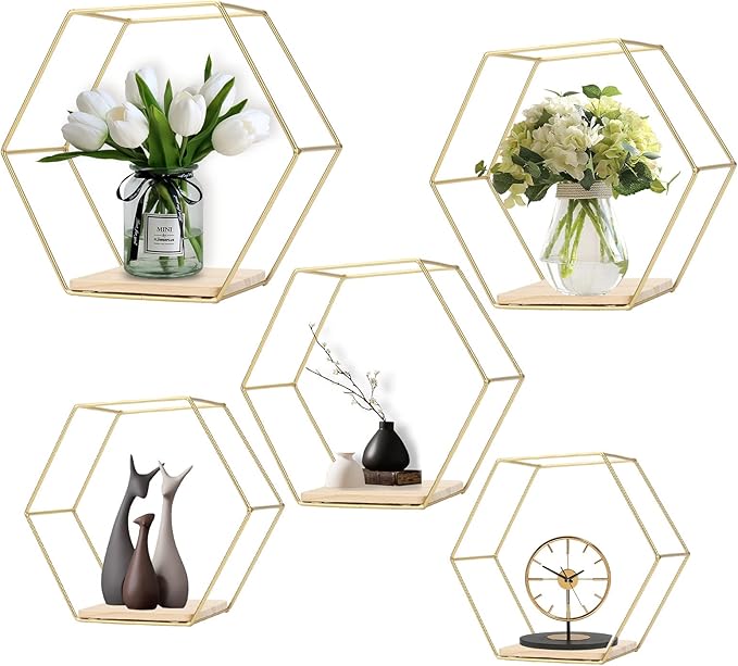 Wall Mounted Hexagonal Floating Shelves Set of 5 in Different Sizes, Modern Metal Shelf, Simple Wood Partition Storage Shelves, Gold Decor Rack for Bedroom, Living Room, Kitchen and Office