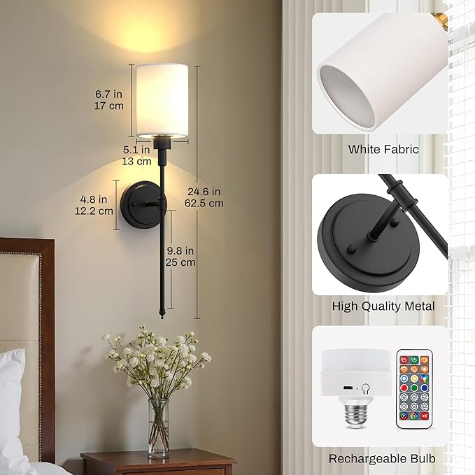 DORESshop Battery Operated Wall Sconce Set of 2, Wireless Wall Light Easy to Install, 7 Color Rechargeable Wall Sconces, Sconce Wall Decor Set of 2 for Bedroom, Living Room, Black, 24.3in