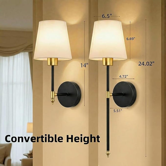 Wall Sconces Battery Operated Set of 2, Rechargeable Wall Sconce, 10 Colors Wireless Wall Sconces Set of Two, 5200mAh Dimmable Bulbs and Remote, for Bedroom Living Room, Hallway (Gold-Black - 24 inch)