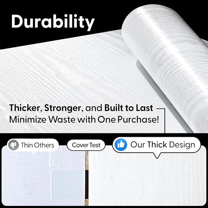 White Wood Grain Contact Paper, 17.3" x 118" Peel and Stick Wallpaper, Self-Adhesive Thick Textured Vinyl Wrap for Kitchen Cabinets, Countertop, Furniture, Waterproof DIY Decor