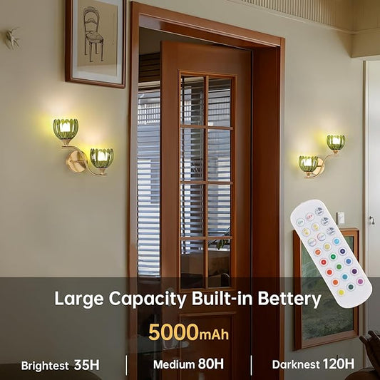 Battery Operated Wall Sconce, 2-Lights Vinatge Brass Wall Lighting with Green Tluip Shade Rechargeable Bulb with Remote for Living Room, Bedroom,Symmetrical 2 Pack