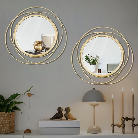 Cityelf 2 Set 13.3'' Gold Circle Mirrors Wall Decor Iron Frame Round Wall Art Hanging for Living Room/Bedroom/Bathroom/Entryway (Medium Size 13.3 inch)