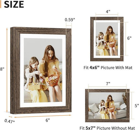 ATOBART 5x7 Picture Frame Set of 4, Displays 4x6 with Mat or 5x7 Without Mat, Photo Frames for Wall Hanging or Tabletop, Includes HD Plexiglass, Brown