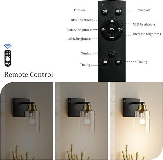 Battery Operated Wall Sconce Set of 2, Black & Gold Rechargeable Wall Lights with Timer Function, Easy Install Dimmable Wireless Wall Lamps for Living Room, Bedroom, Hallway, Entryway Decor 3000K
