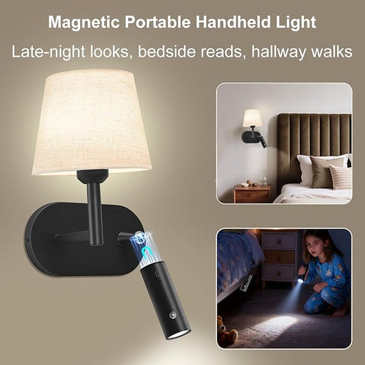 Battery Operated Wall Sconces Set of Two, Wireless Black Wall Lights with 10000mAh RGB Rechargeable Bulb and Remote Control, Sconces Wall Decor for Bedroom Living Room 11.2 in