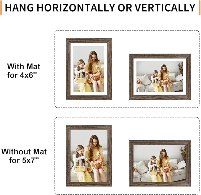 ATOBART 5x7 Picture Frame Set of 4, Displays 4x6 with Mat or 5x7 Without Mat, Photo Frames for Wall Hanging or Tabletop, Includes HD Plexiglass, Brown