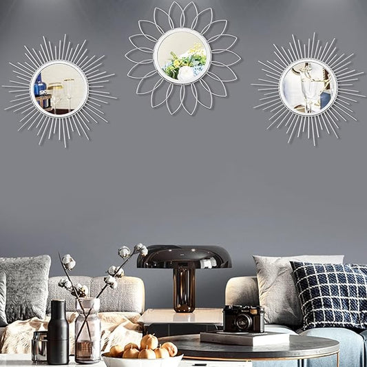 3 Pack Metal Mirrors for Wall Sunburst Wall Mirrors Home Décor Decorative Hanging Wall Art for Living Room Bedroom Entryway (Silver, Flower+Sunburst)