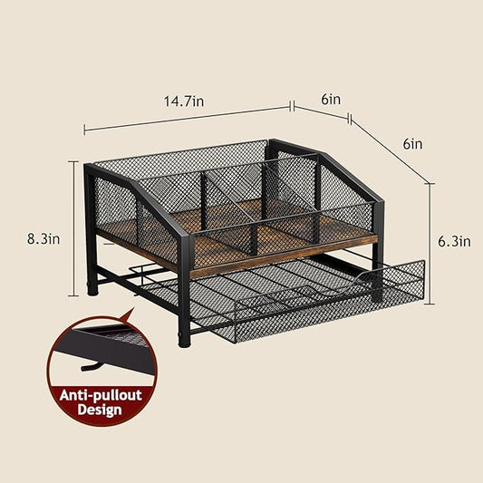 Coffee Bar Organizer - Coffee Station for Countertop, Metal and Wood K Cup holder Storage Basket with Drawer for Syrup, Cups, Stirrer, Condiment, Tea Organizer, Brown