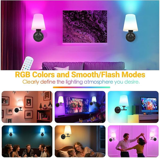 Battery Operated Wall Sconce Set of Two, Black Cordless Rechargeable Wall Lights with Remote and Timer, 12 RGB Colors Dimmable Wall Lamps for Bedroom Living Room Hallway