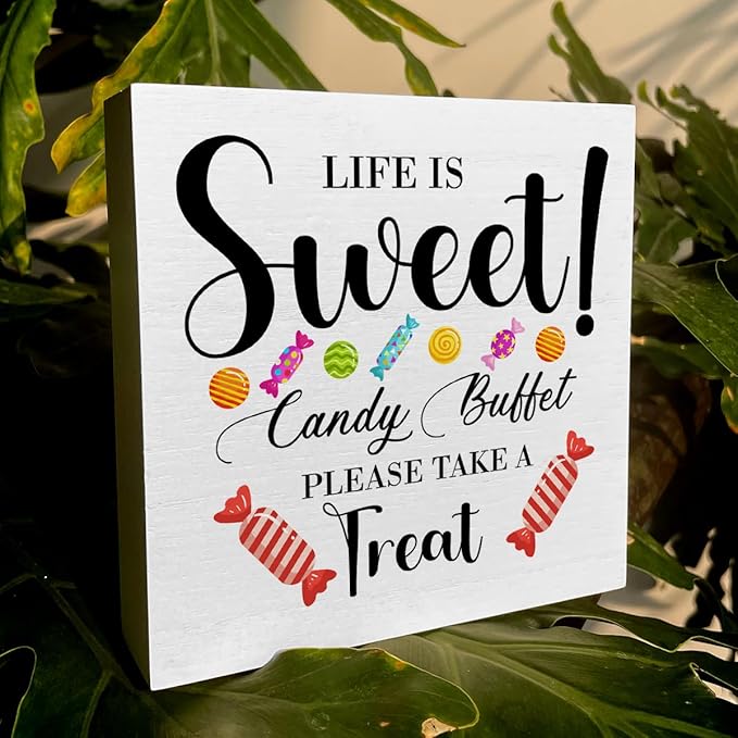 Candy Lover Artwork Wood Box Sign Rustic Farmhouse Style Life Is Sweet Candy Buffet Wood Block Plaque 5 X 5 Inches Home Desk Sign Decor for Presents