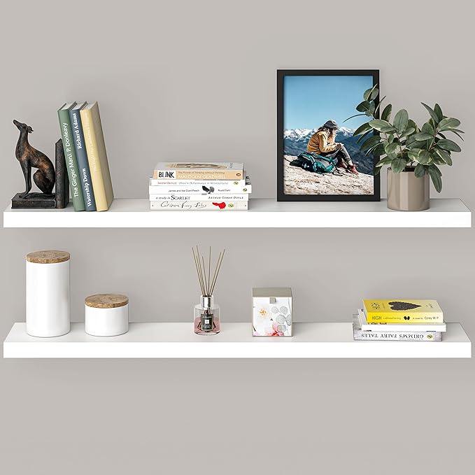 Ballucci Floating Shelves for Wall, 48" Wood Wall Shelf Set of 2, with Invisible Brackets for Bathroom, Living Room, Bedroom, Kitchen, Nursery, 8" Deep, White