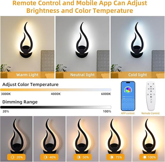 Modern Wall Sconce Set of 2, Wall Light Hardwired with 2.4G Remote Control, 10W LED Black Wall Mounted Lights, 3000K-6000K Dimmable, LED Wall Lights for Living Room Bedroom Hallway Bedside