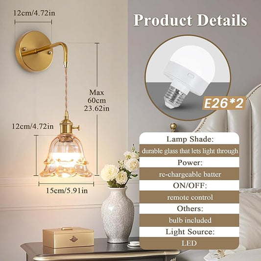 Battery Operated Wall Sconce Set of 2, Adjustable Chain Retro Gold Wall Mounted Light with RGB, Wireless Indoor Rechargeable Amber Wall Light for Living Room, Bedroom