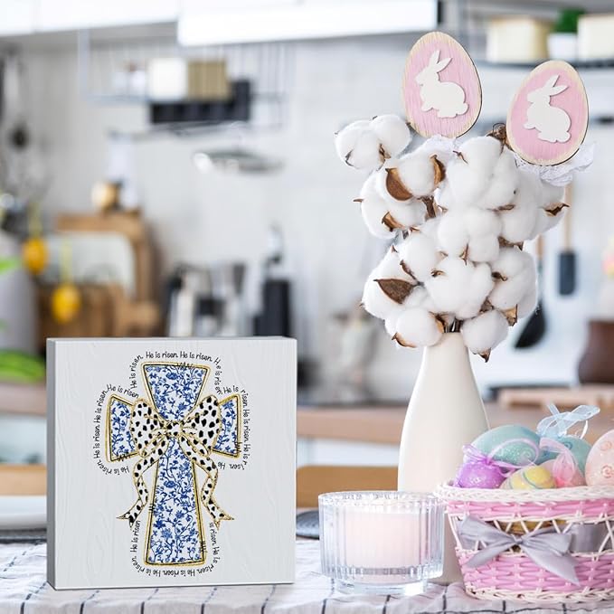 He Is Risen Sign Easter Religious Decorations Christian Easter Decor Blue And White Chinoiserie Decor Wooden Box Sign for Home Office Bedroom Living Room Desk Shelves