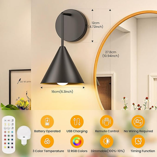 Rechargeable Wall Sconce, Black Wireless Battery Operated Wall Lamp with Remote, Dimmable & Timer, Modern Industrial Indoor Light Fixture, Bulb Included