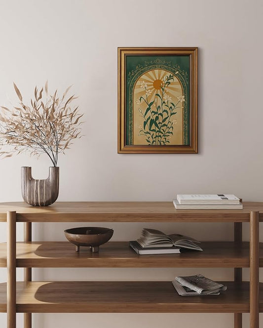 HUARCEY Gold Framed Canvas Wall Art, Sun Botanical Picture Decor, Living Room Bedroom Emerald Green Boho Art, Rustic Vintage Moody Mystical Folk Art Canvas Paintings, 12x16inch