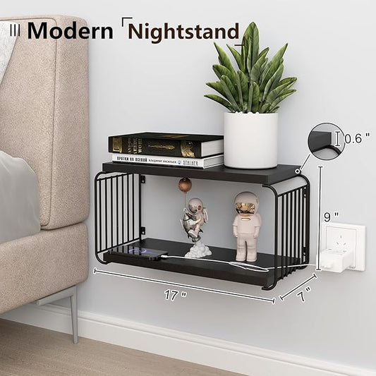 Floating Nightstand Shelves, Modern Night Stand for Bedroom, Wood Floating Shelf for Wall, Nightstand Bedside Table, Mid Century Wall Shelves for Living Room, Bedroom (1, Black)