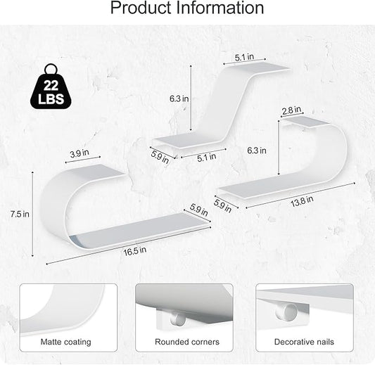 White Floating Shelves Set of 3, White Metal Decor, Unique Mounted Floating Shelf, Modern Long Wall Shelf, Large Wall Shelves for Bedroom, Bathroom, Living Room