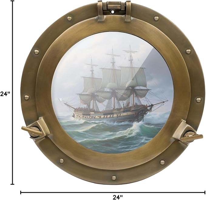 24 Inch Large Porthole Window – Antique Brass Porthole Wall Art, 24" Nautical Round Window for Coastal Home Decor & Large Walls