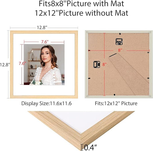 12x12 Picture Frame Set of 9, Display Pictures 8x8 with Mat or 12x12 without Mat, Multi Collage Gallery Square Photo Frames for Wall or Tabletop, Natural Wood