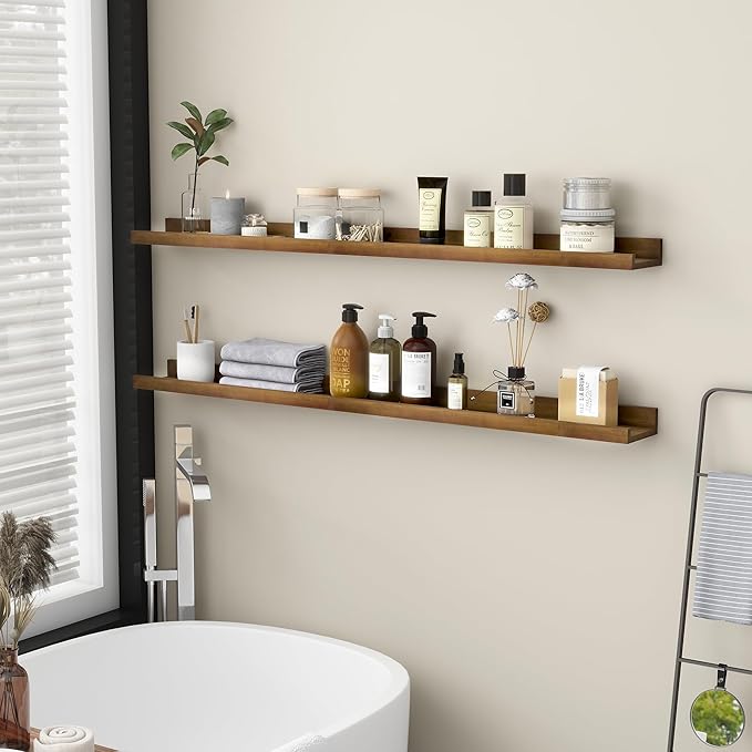 Picture Ledge Shelf, Floating Shelves Set of 2, Solid Ash Wood 48'' Long Large Nursery Book Shelves for Toys Storage, Kids Bookshelf for Living Room Bedroom Decor Books Photo Frames, Walnut